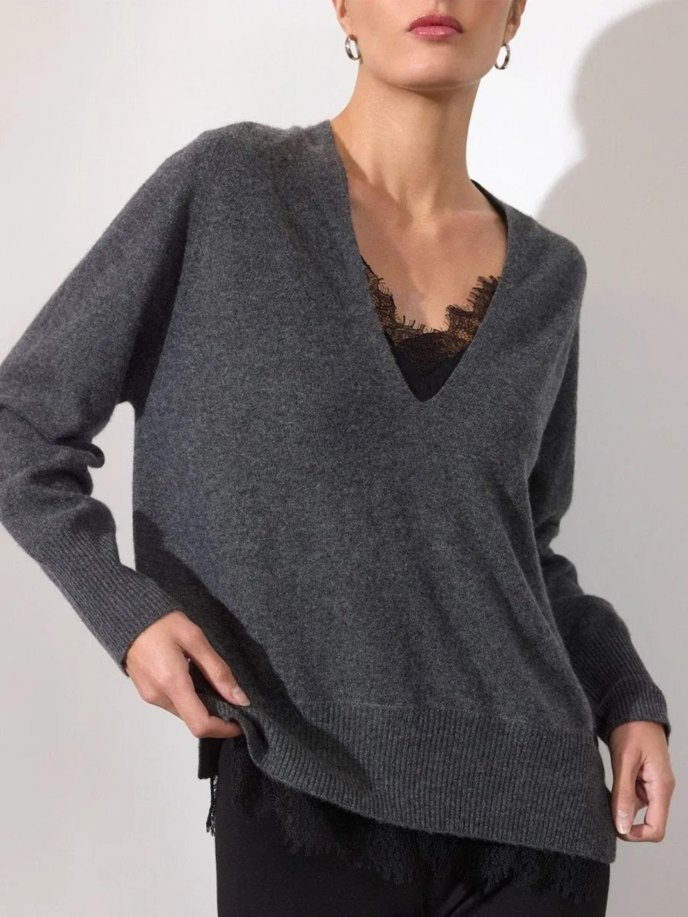 Brochu Walker Lace Vee Looker Wool Cashmere Lace Sweater Gray Sz Small